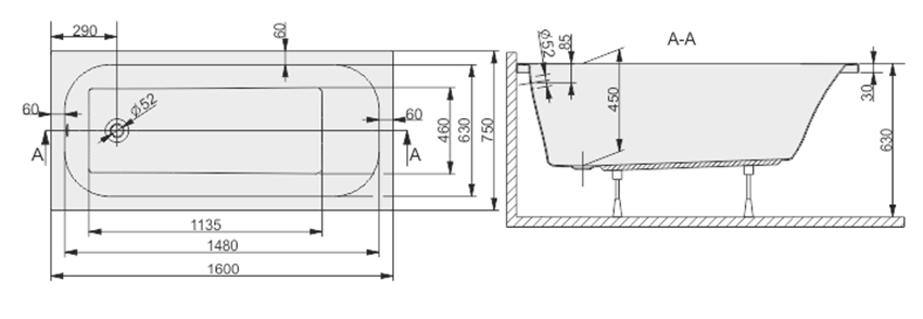 Wanna prostokątna Sanplast Free Line 610-040-0150-01-000 rys techniczny