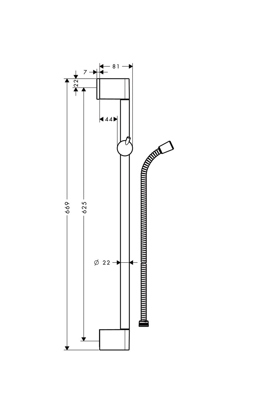 Drążek prysznicowy Crometta 65 cm z wężem Hansgrohe Unica rysunek techniczny