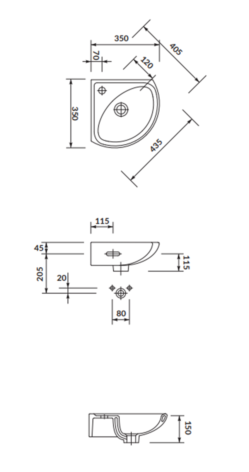 Umywalka narożna Cersanit Sigma K11-0013 rys techniczny