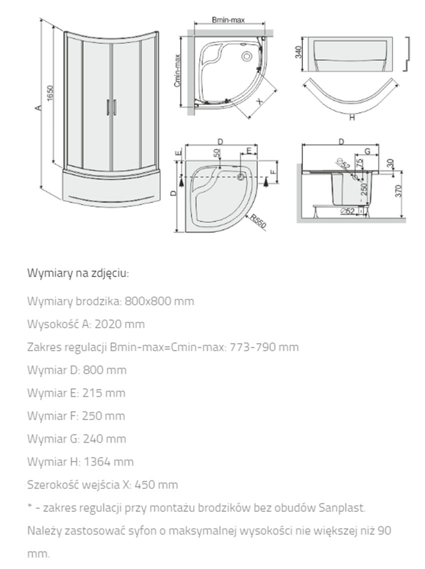 Kabina półokrągła Sanplast TX 602-271-0352-39-231 rys techniczny