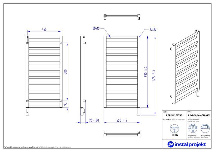 Grzejnik elektryczny 50x100 cm Instal-Projekt Poppy Electro rysunek