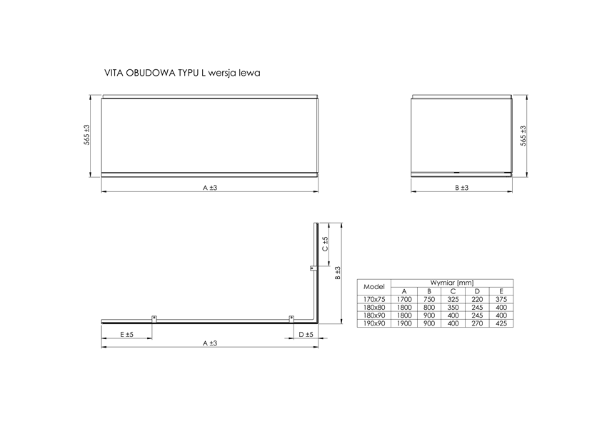 Obudowa typu  L lewa do wanny akrylowej 170x75 cm Roca Vita rysunek techniczny