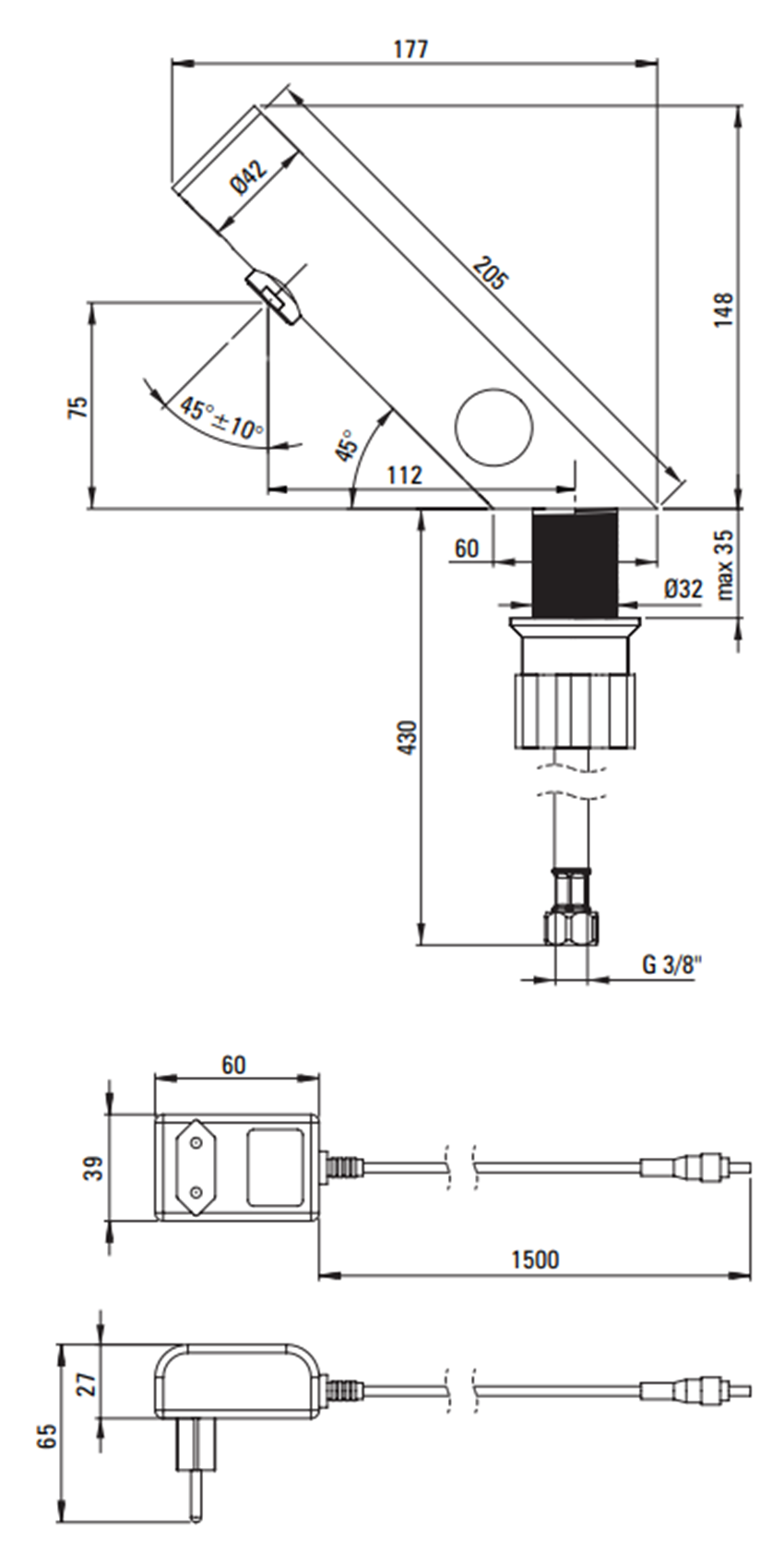Bateria bezdotykowa Deante Sense BQR N29V rys techniczny