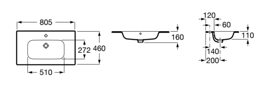 Umywalka meblowa Roca A32799C000 rys techniczny