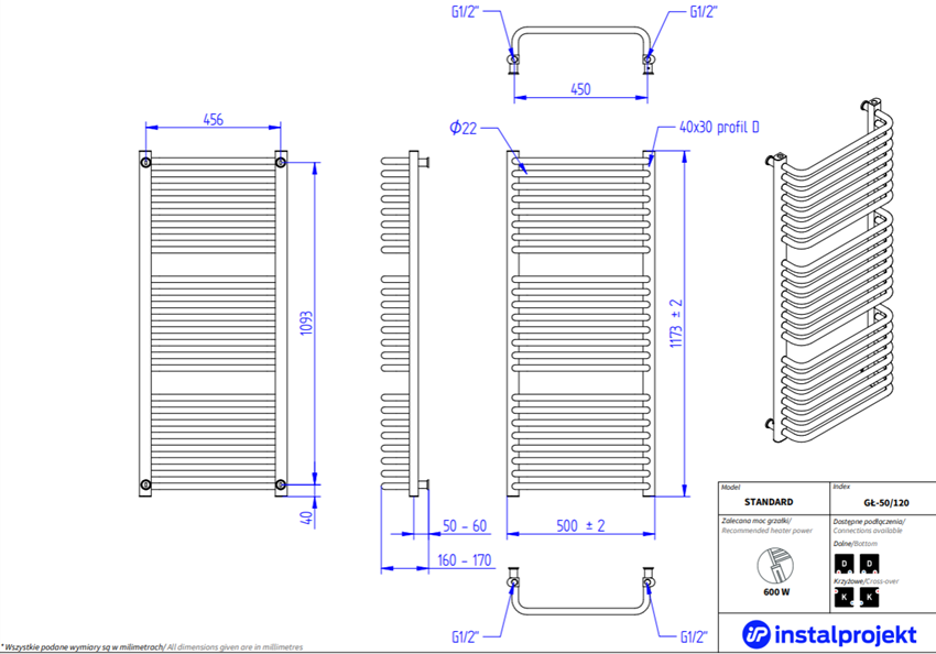 Grzejnik drabinkowy 50x120 cm Instal-Projekt Standard rysunek
