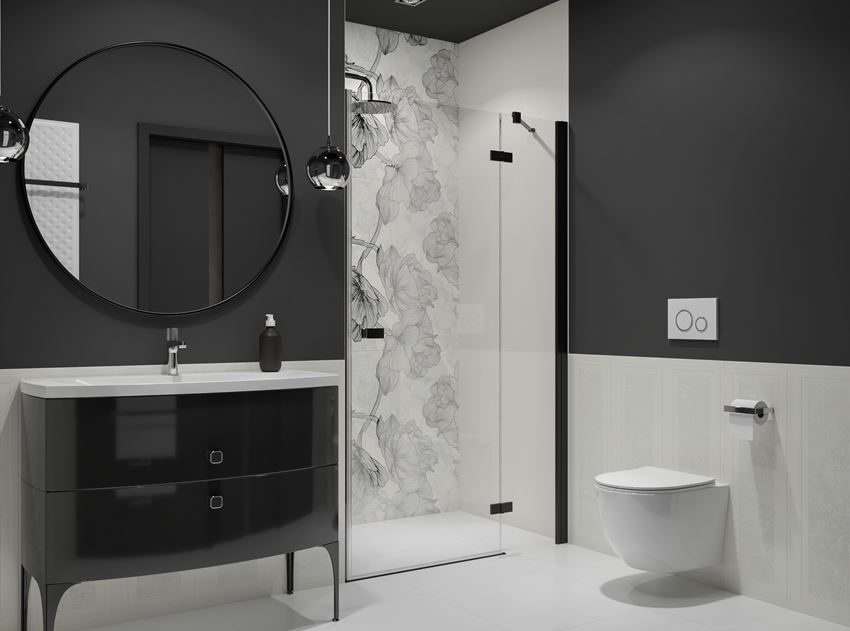Czarno-biała łazienka z kabiną wnękową