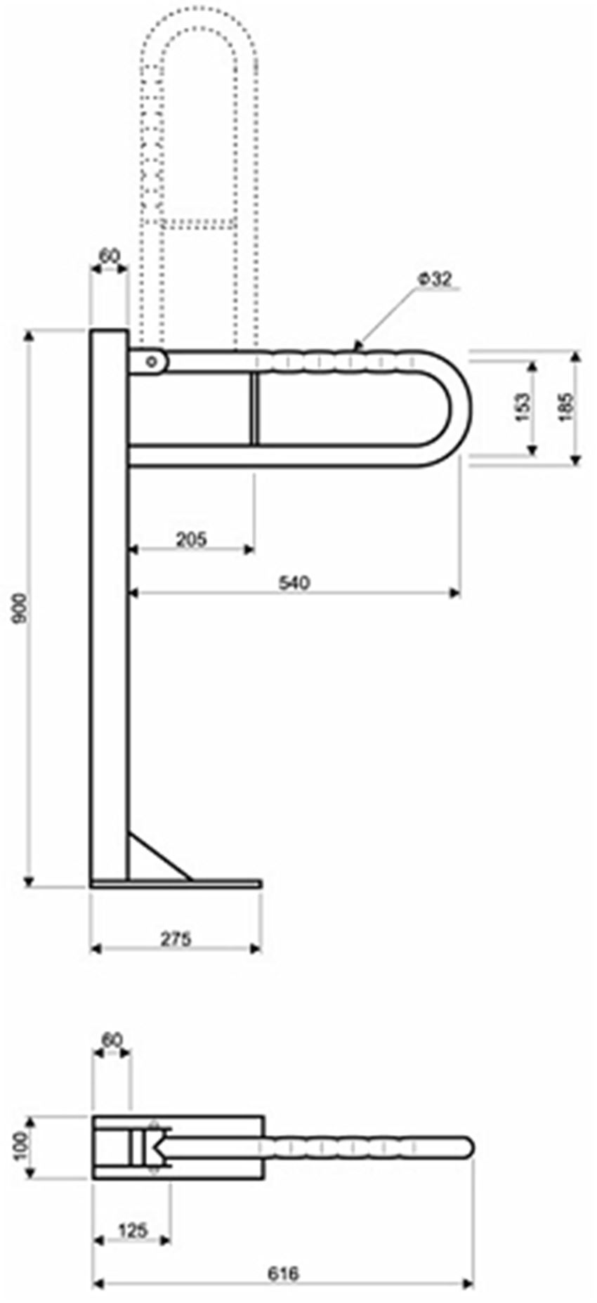 Poręcz WC uchylna łukowa stojąca 60 cm powierzchnia falista Koło Lehnen Funktion rysunek techniczny