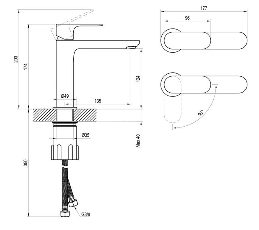 Bateria umywalkowa Ravak Eleganta BeCool EL 012.01BLM X070411 rys techncizny