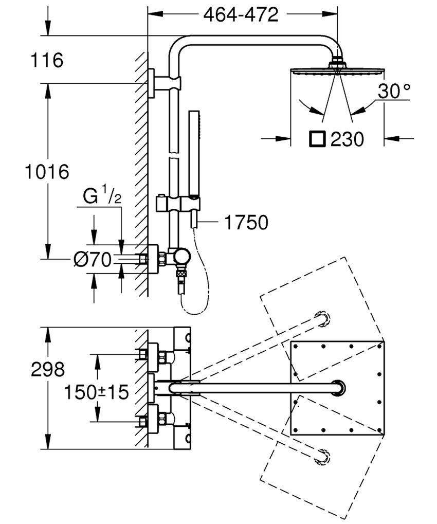System prysznicowy z termostatem do montażu ściennego Grohe Euphoria System 230 rysunek