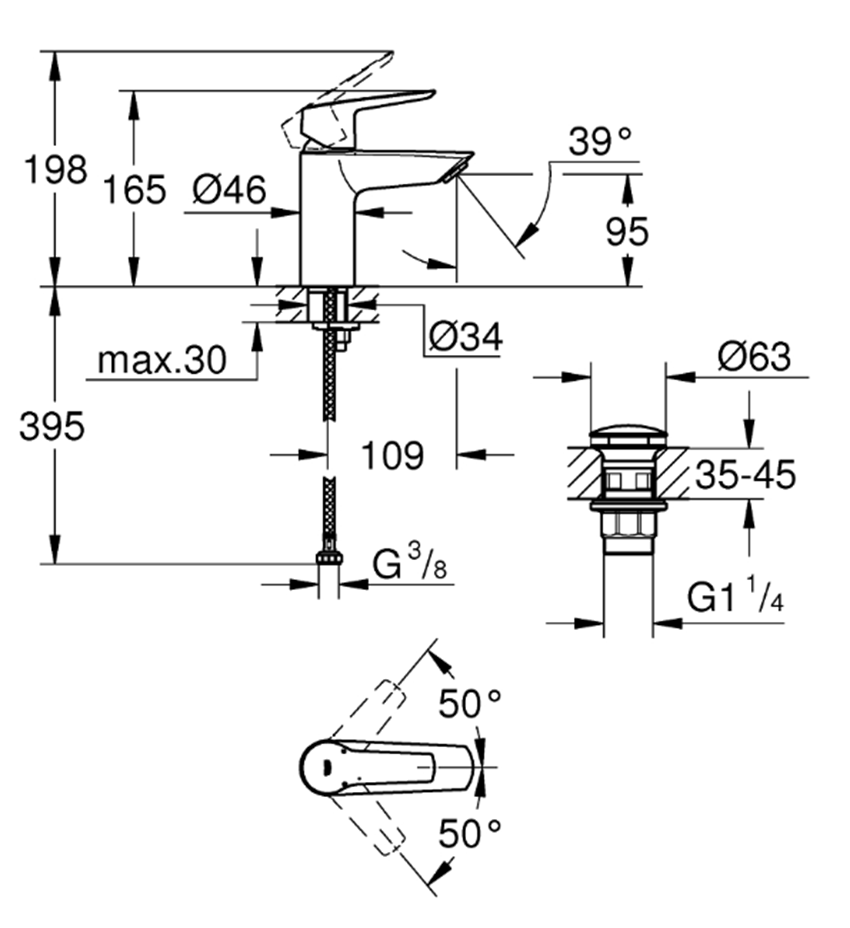 Bateria umywalkowa Grohe Start 23550002 rys techniczny