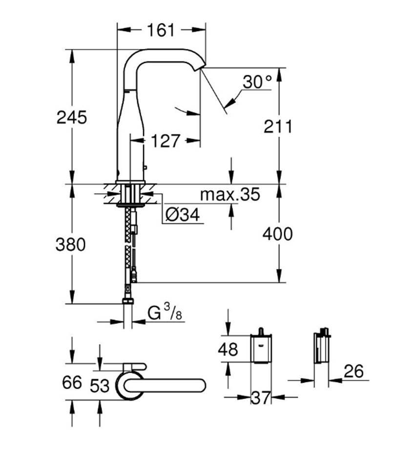 Bateria umywalkowa Grohe Essence E 36445000 rys techniczny