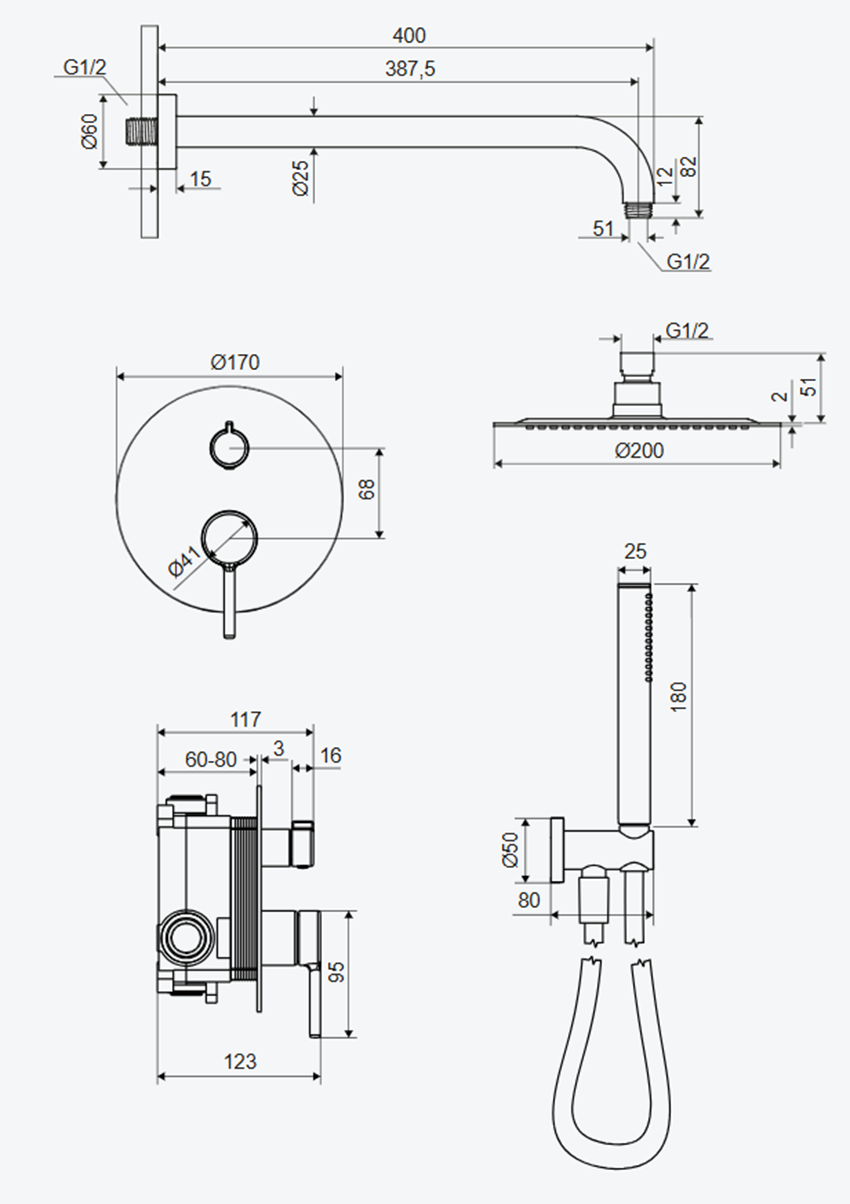 Zestaw prysznicowy Excellent Pi AREX.SET.1245AB rys techniczny
