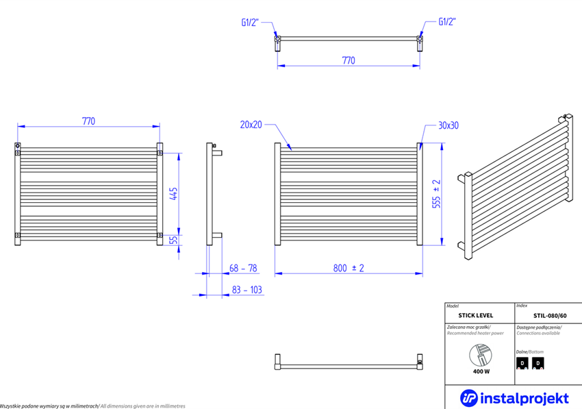 Grzejnik łazienkowy 80x60 cm Instal-Projekt Stick Level rysunek