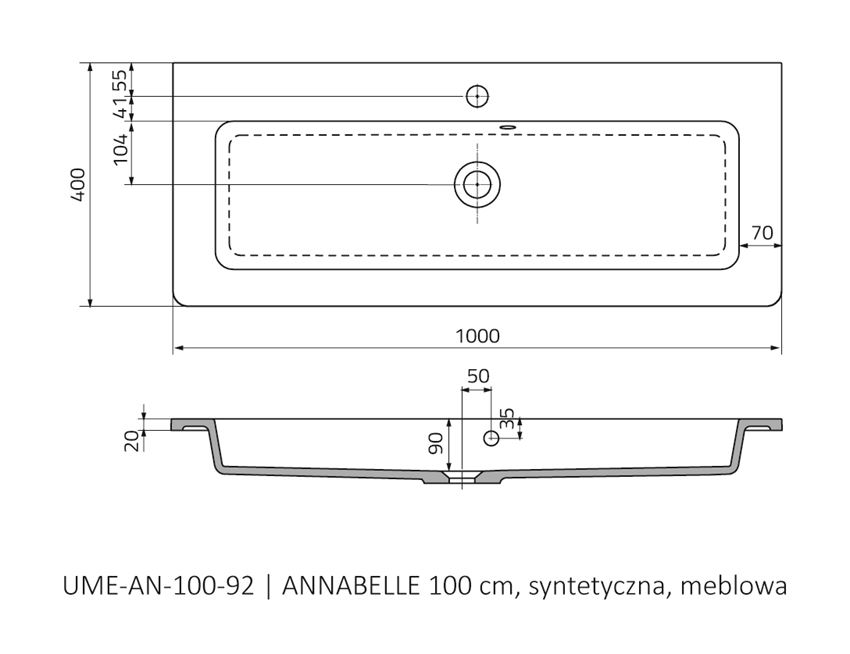 Umywalka meblowa 100 cm syntetyczna Oristo Annabelle rysunek
