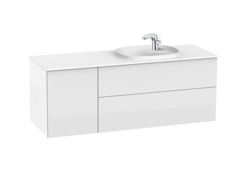 Zestaw unik 140 cm, szafka 2 szufladowa z modułem bocznym (z drzwiami) po lewej stronie oraz umywalką asymetryczną konglomeratową SURFEX po prawej stronie 140 cm Roca Beyond
