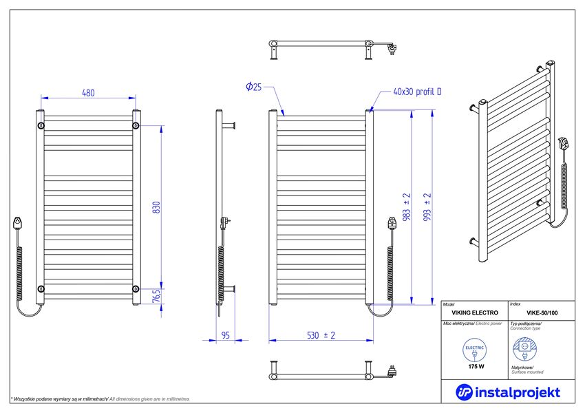 Grzejnik elektryczny 50x100 cm Instal-Projekt Viking Electro rysunek