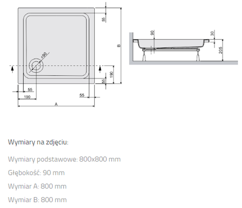 Brodzik kwadratowy Sanplast Free Line 615-040-0021-01-000 rys techniczny