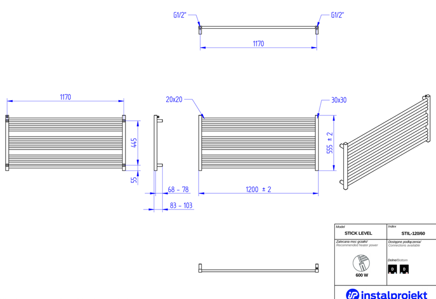 Grzejnik łazienkowy 120x60 cm Instal-Projekt Stick Level rysunek