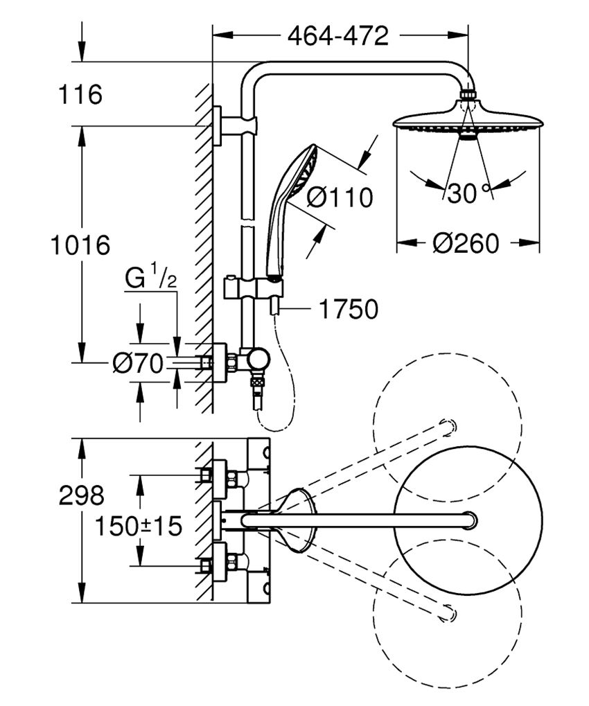 System prysznicowy z termostatem do montażu ściennego Grohe Euphoria System 260 rysunek