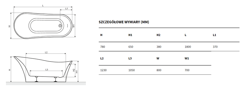 Wanna wolnostojąca Excellent Mirage 2.0 Light WAEX.MRLIGHT2.18WH rys techniczny