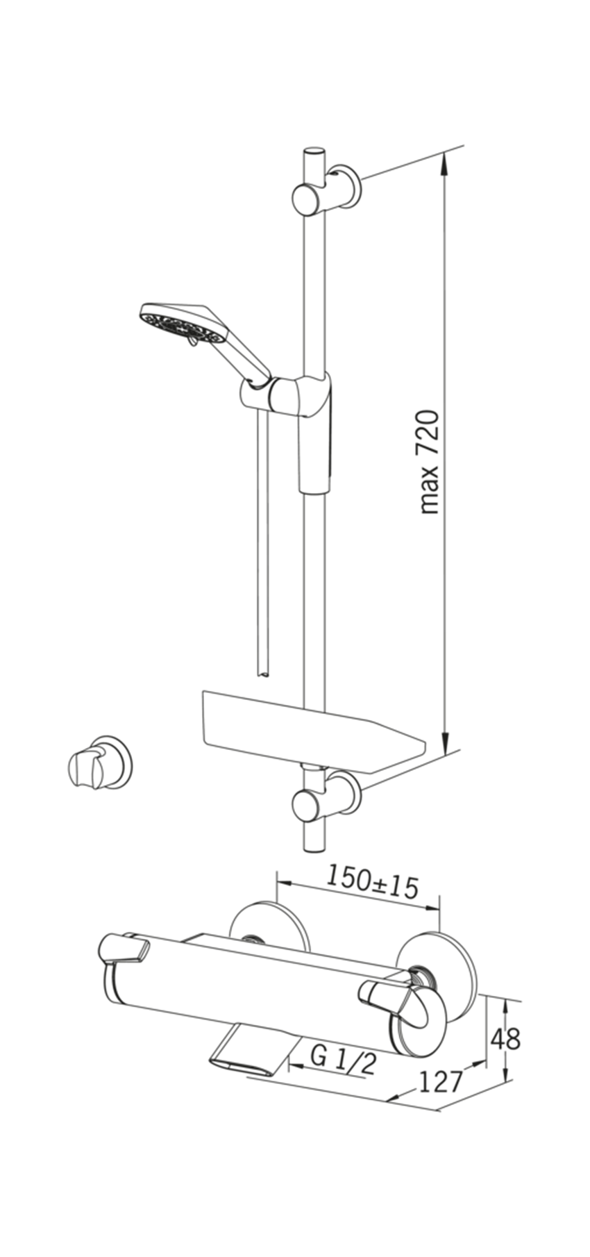 Bateria wannowo-natryskowa z prysznicem Oras Optima rysunek techniczny