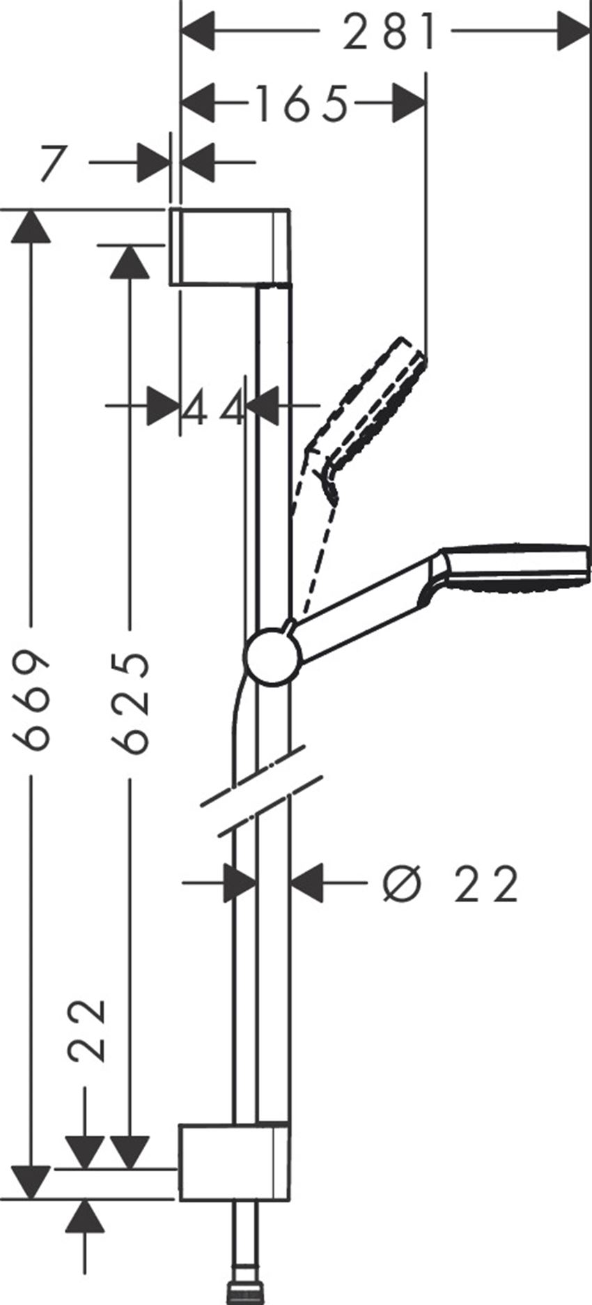 Zestaw prysznicowy 1jet z drążkiem 65 cm Hansgrohe Crometta rysunek techniczny