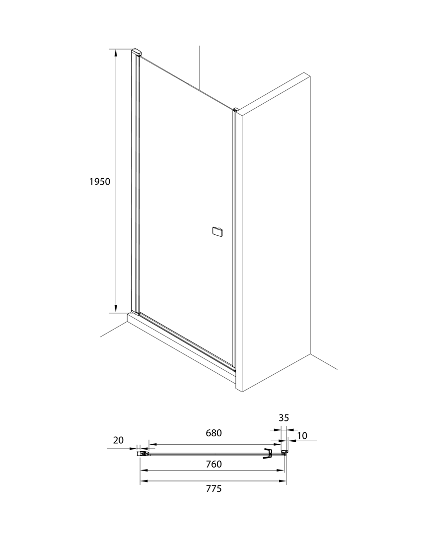 Drzwi do wnęki prysznicowej profile czarny mat z powłoką MaxiClean 90x195 cm Roca Capital rysunek