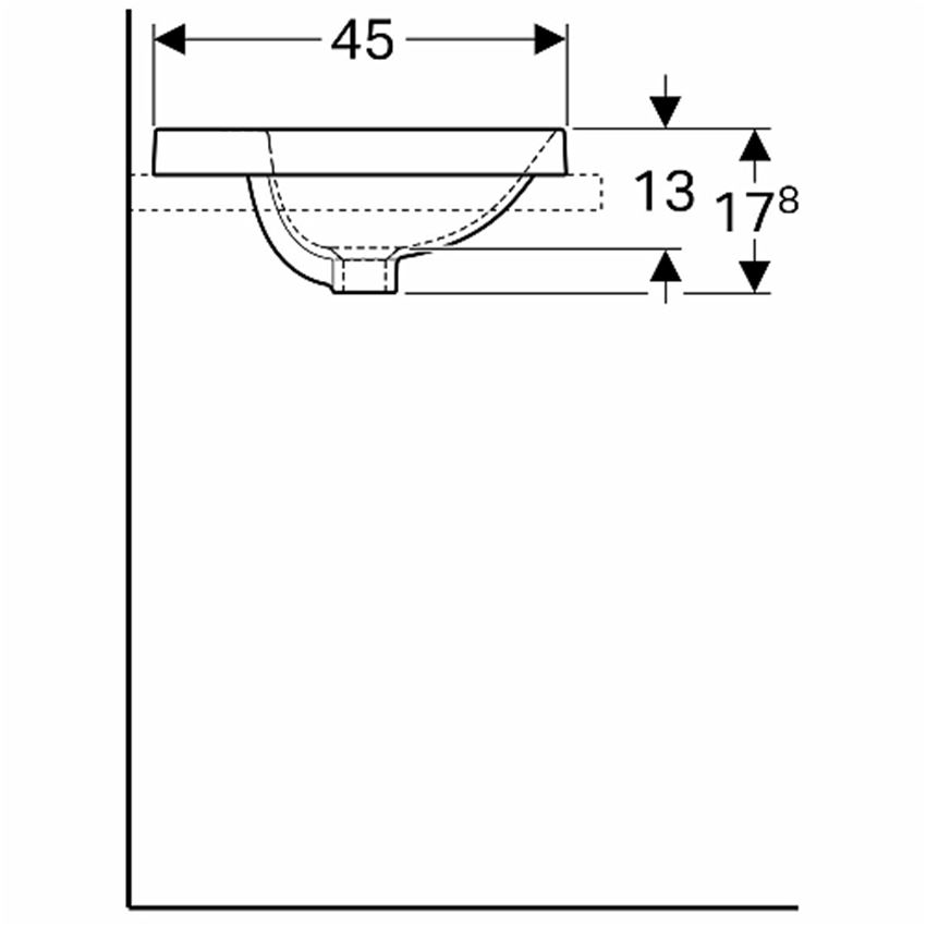 Umywalka eliptyczna wpuszczana w blat z przelewem i otworem 60 cm Koło VariForm rysunek techniczny