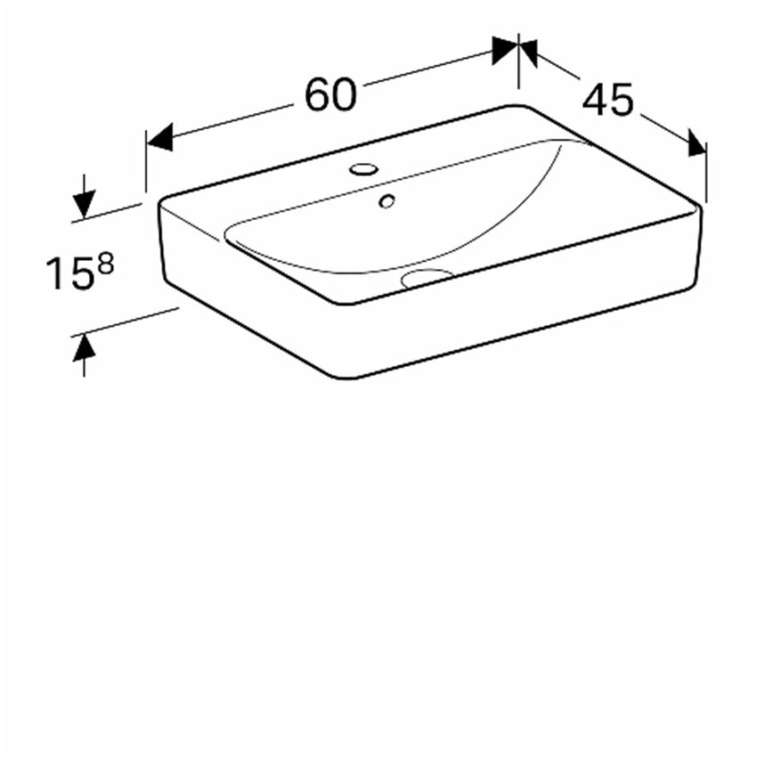Umywalka stawiana na blat 60x46 cm prostokątna, z otworem i przelewem Koło VariForm rysunek techniczny