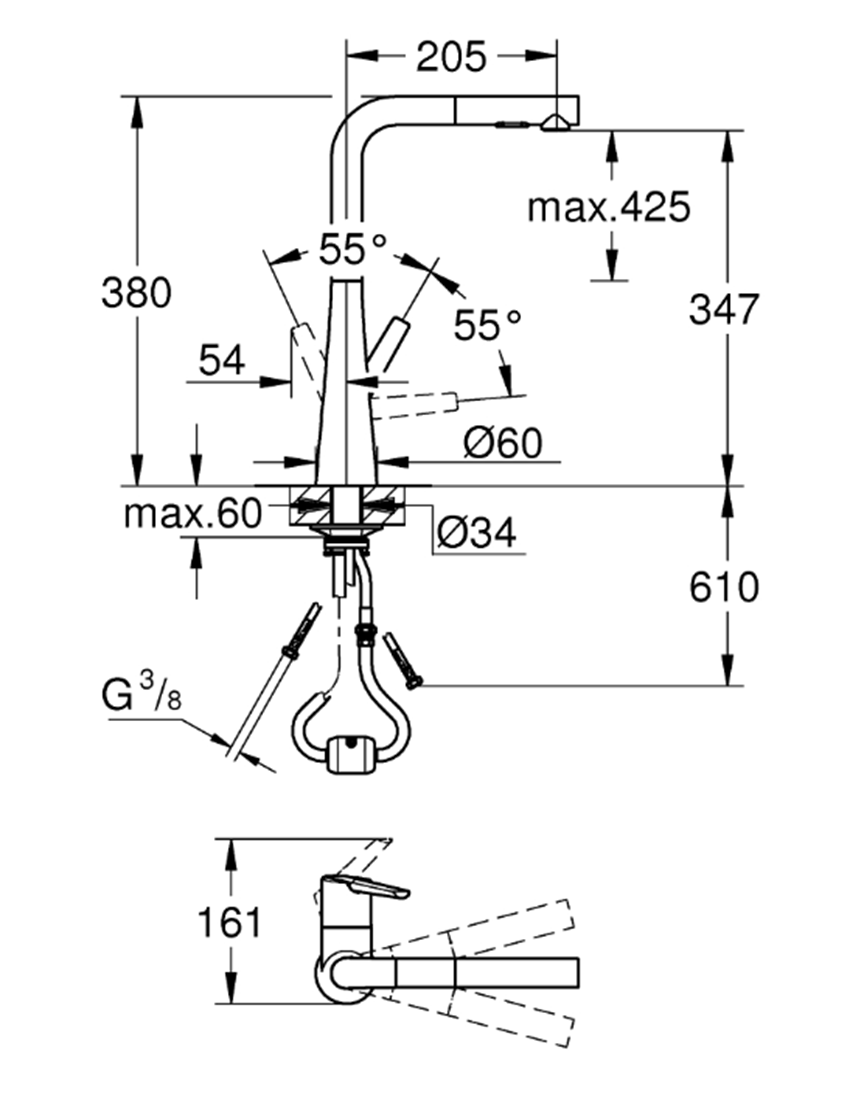 Bateria zlewozmywakowa Grohe Zedra 32553002 rys techniczny