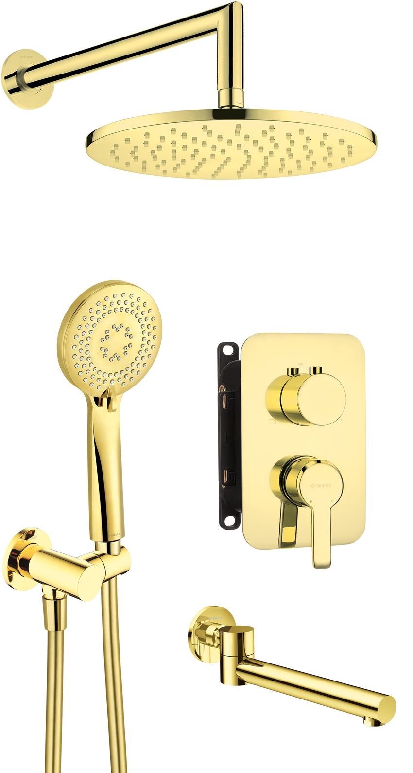Zestaw prysznicowy podtynkowy z wylewką wannową z baterią złoty Deante Arnika Gold