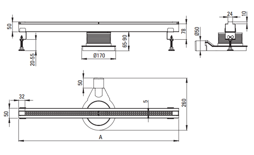 Odpływ liniowy Deante KON 009S rys techniczny