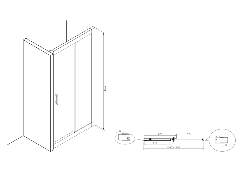Drzwi do wnęki prysznicowej 120x195 cm Roca Town rysunek techniczny