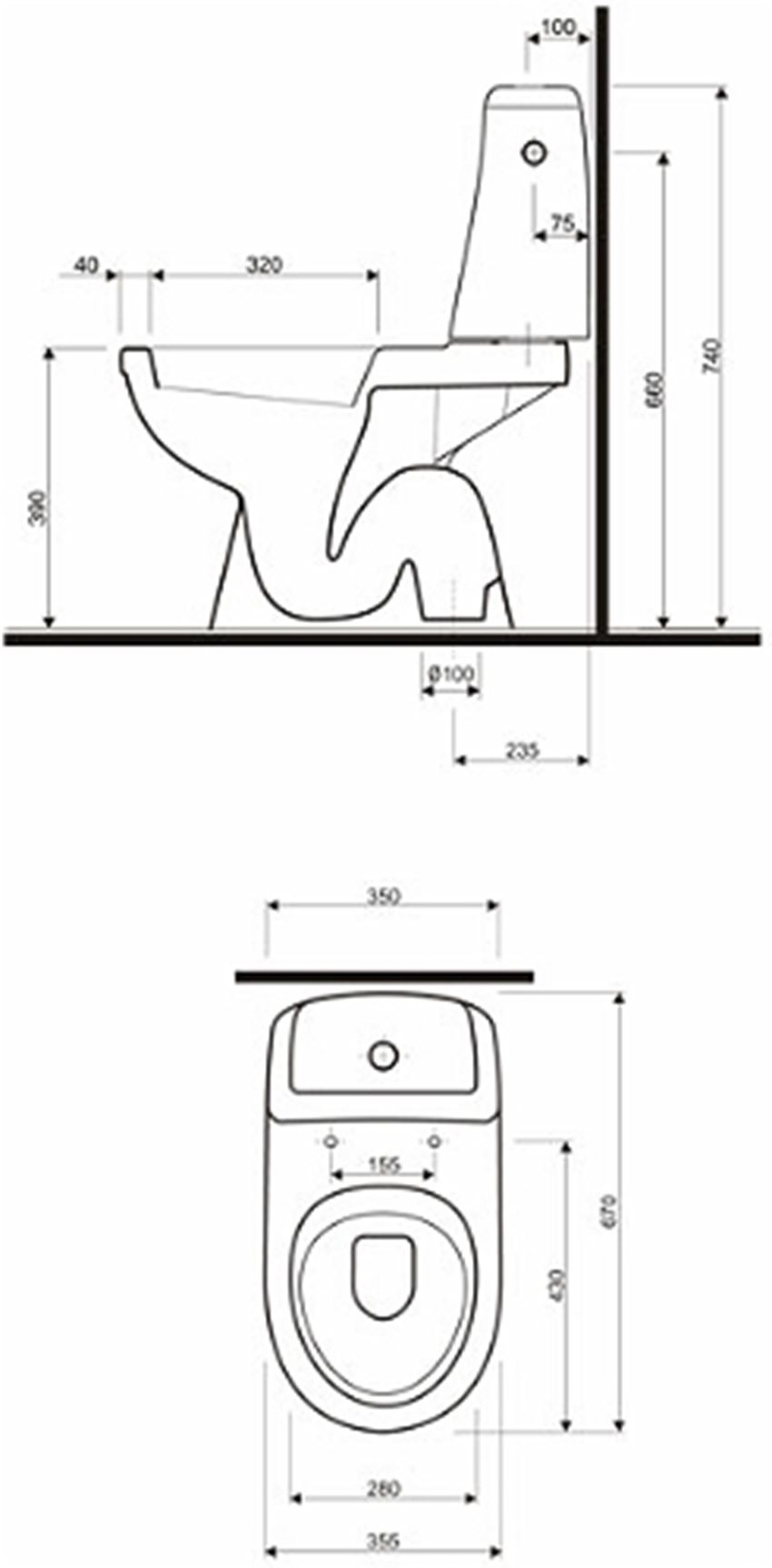 Zestaw WC kompakt odpływ pionowy Koło Solo rysunek techniczny