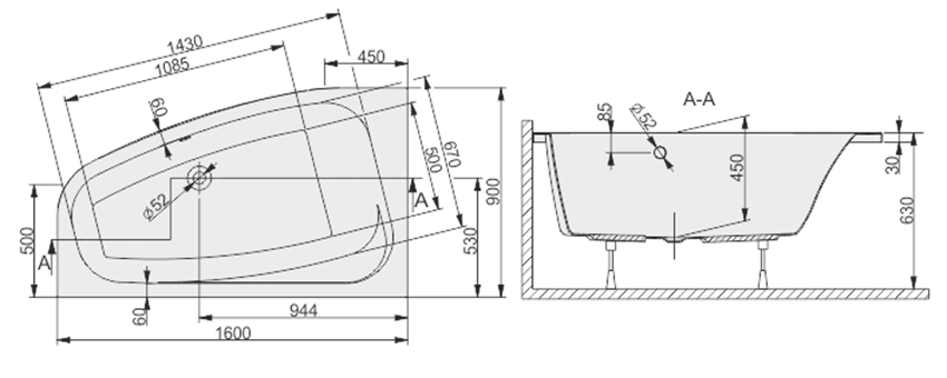 Wanna asymetryczna Sanplast Free Line 610-040-0680-01-000 rys techniczny