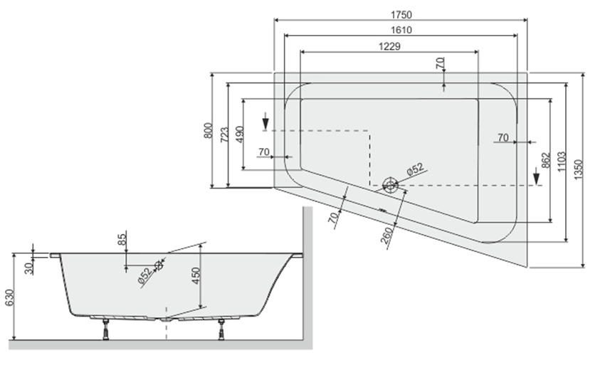 Wanna trapezowa Sanplast Free Line 610-040-1330-01-000 rys techniczny