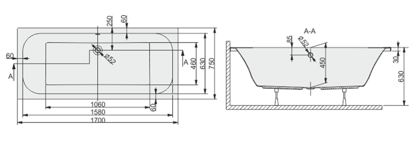 Wanna prostokątna Sanplast Free Line 610-040-0160-01-000 rys techniczny