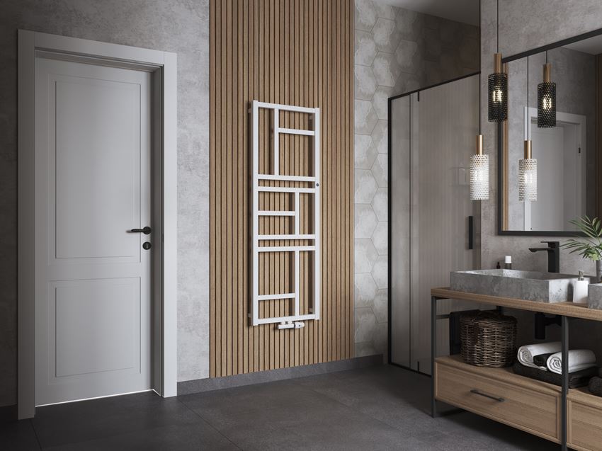 Szaro-brązowa łazienka z dekoracyjnym grzejnikiem z serii Mondrian