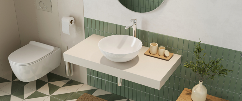 Biało-zielona łazienka z umywalką nablatową Excellent Luqa