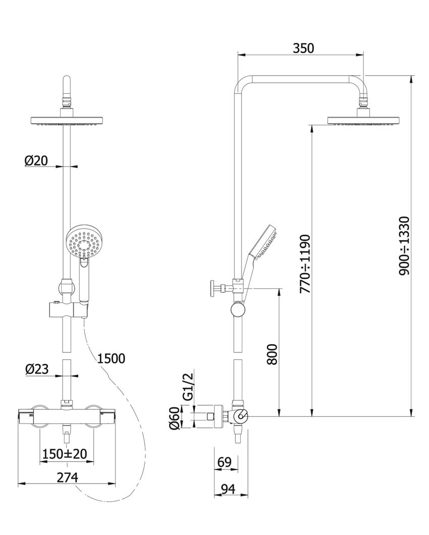 Termostatyczny system prysznicowy natynkowy Omnires Y rysunek techniczny