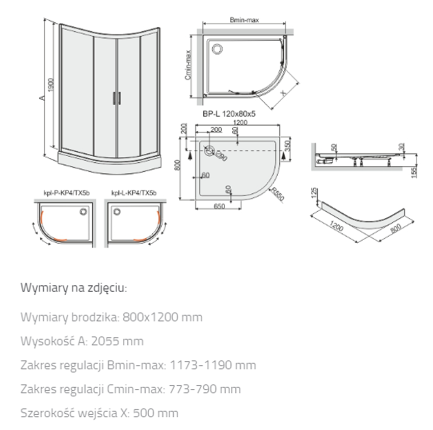 Kabina z brodzikiem Sanplast TX 602-271-0330-38-401 rys techniczny