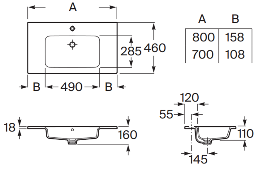 Umywalka meblowa Roca Gap A3279A4000 rys techniczny