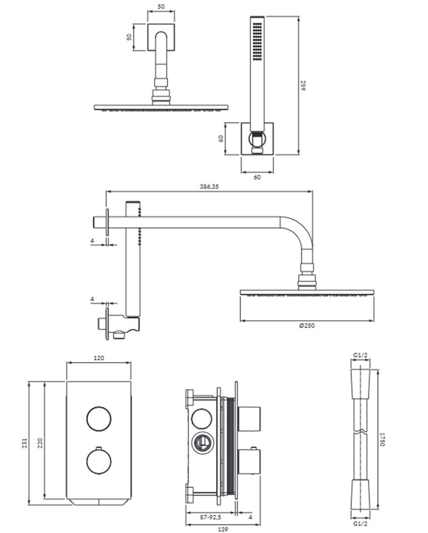 Termostatyczny system prysznicowy podtynkowy Omnires Contour rysunek