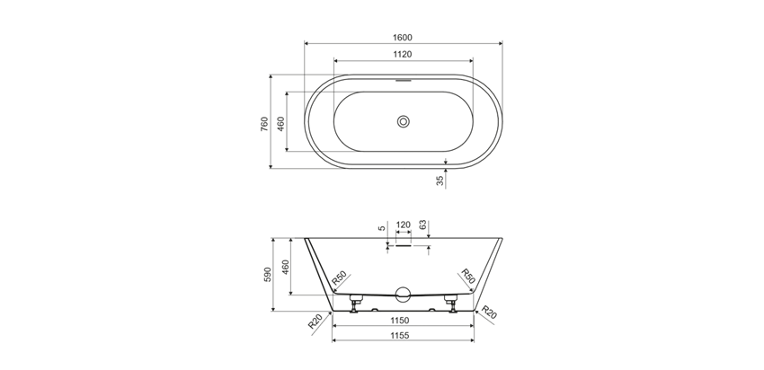 Wanna wolnostojąca 160x76 cm biała IÖ Hole 2.0 rysunek