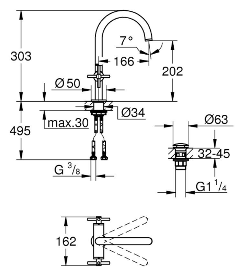 Bateria umywalkowa Grohe Atrio 21144000 rys techniczny