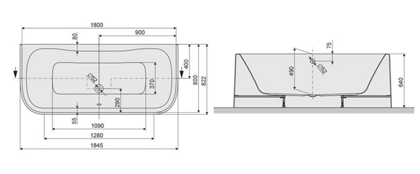 Wanna symetryczna przyścienna Sanplast Luxo 610-370-0280-01-000 rys techniczny