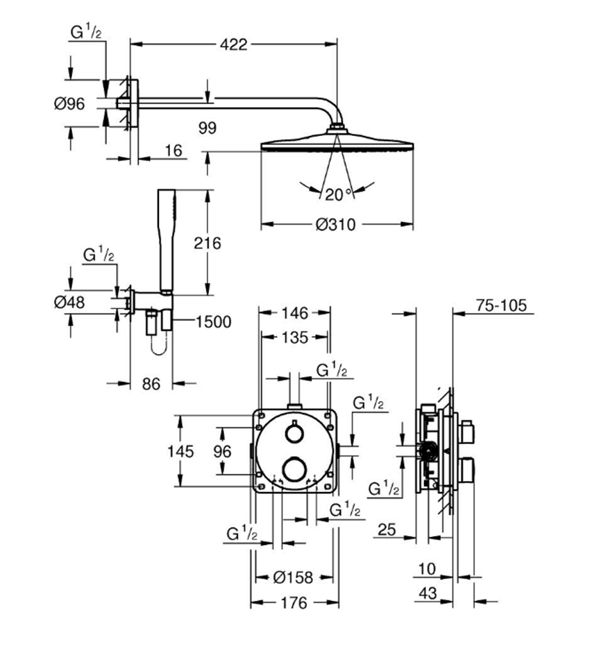 Zestaw prysznicowy Grohe Grohtherm 34869000 rys techniczny