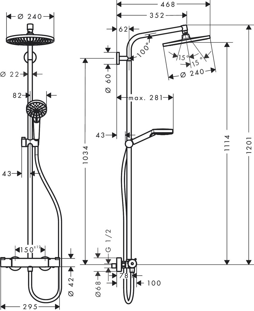 Komplet prysznicowy z termostatem Hansgrohe Crometta S rysunek techniczny