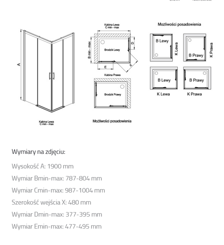 Kabina narożna prostokątna 80x100x190 cm Sanplast Free Zone rysunek