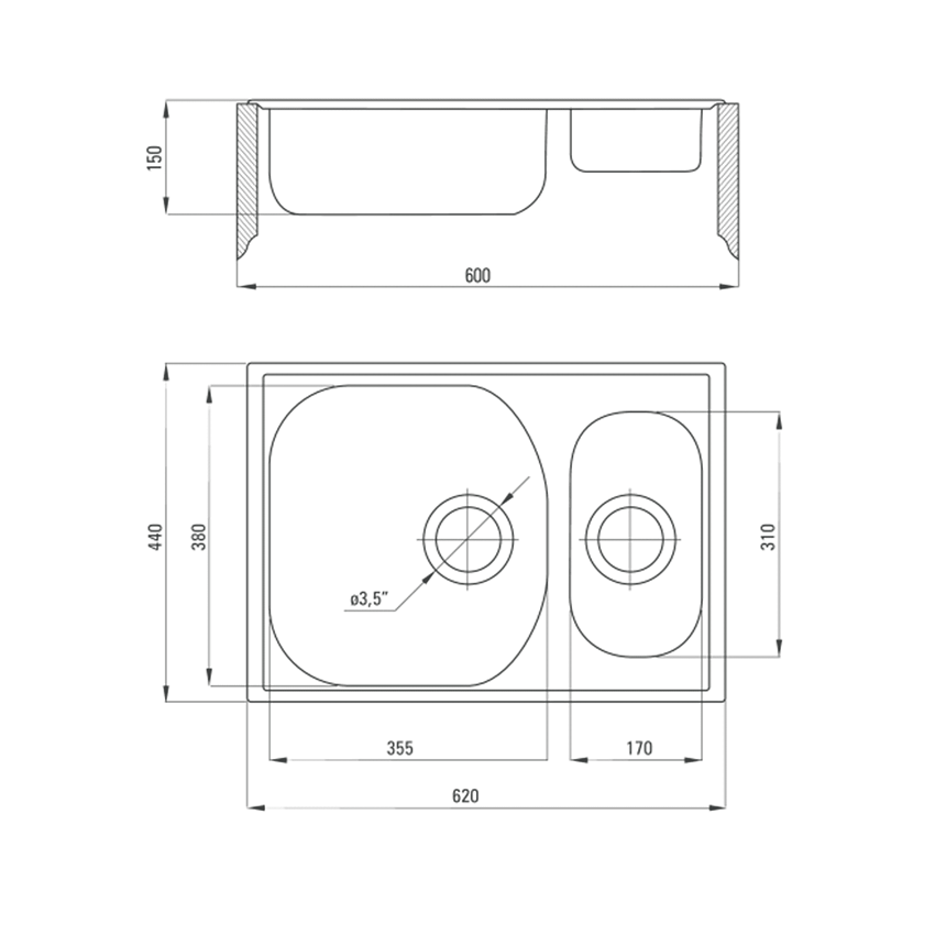 Zlewozmywak 1,5-komorowy bez ociekacza Deante Xylo rysunek techniczny